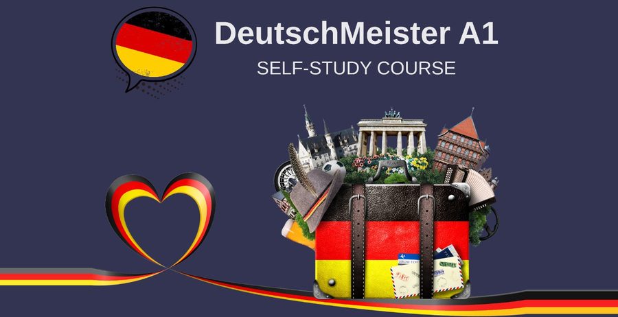 DeutschMeister A1, Selbstlernkurs Deutsch: Koffer in Deutschlandfarben mit deutschen Sehenswürdigkeiten