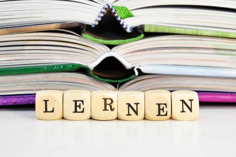 Holzw&uuml;rfel mit dem Wort LERNEN vor einem Stapel B&uuml;cher
